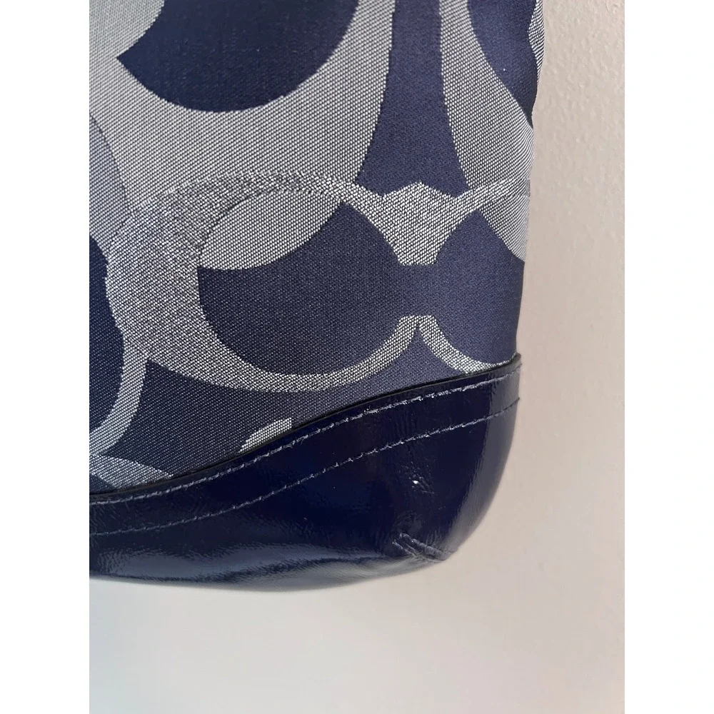 Coach Signature C Jacquard Crossbody Bag Navy Blue Silver Chain Charm Messenger